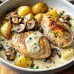 Herb Roasted Chicken in Creamy White Sauce with Mushroom and Potatoes
