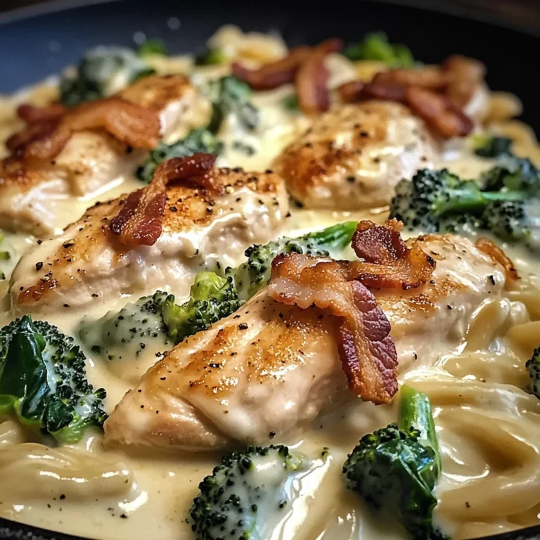 Creamy Garlic Butter Chicken Alfredo with Crispy Bacon, Spinach & Broccoli
